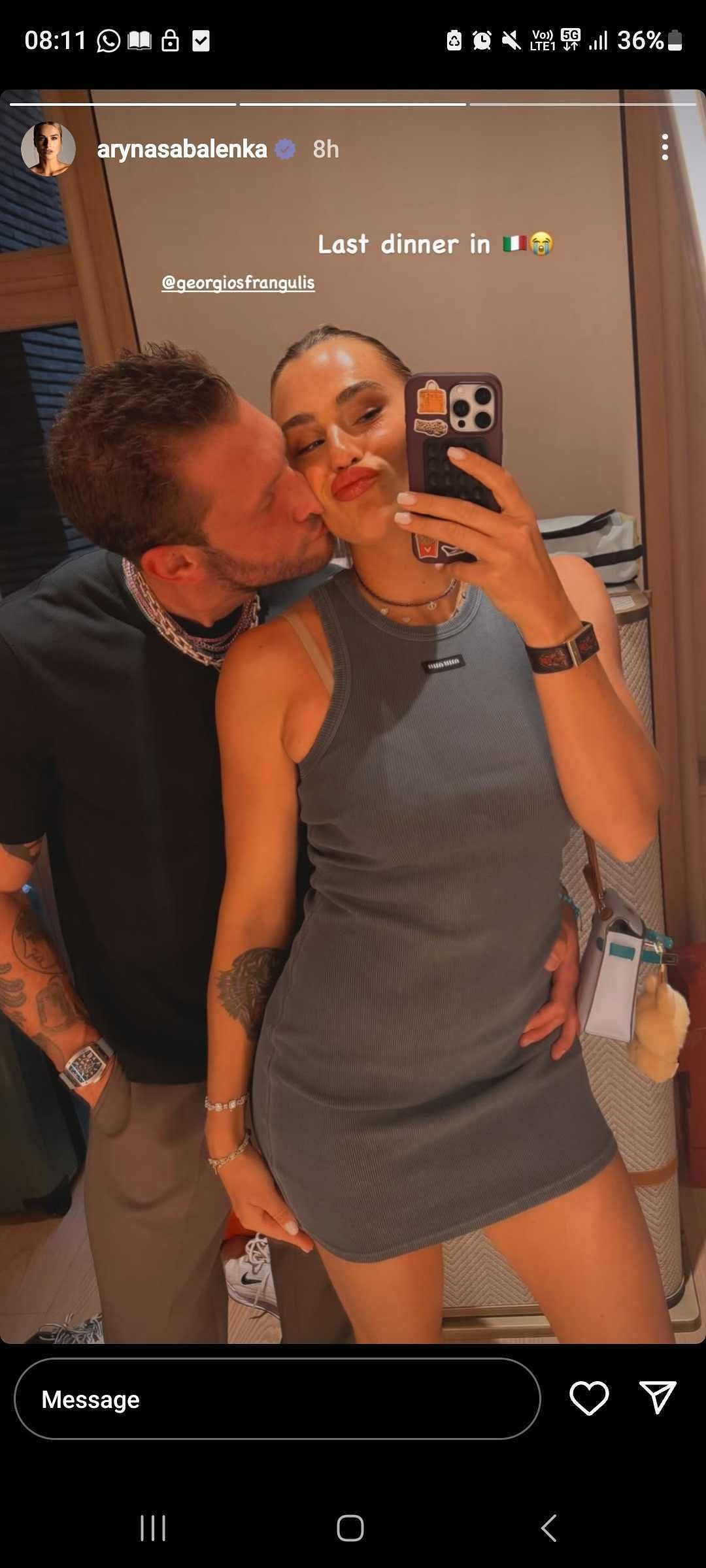 Aryna Sabalenka's Instagram post featuring boyfriend Georgios Frangulis, dated Thursday, May 15, 2025 (Source: Instagram/arynasabalenka)